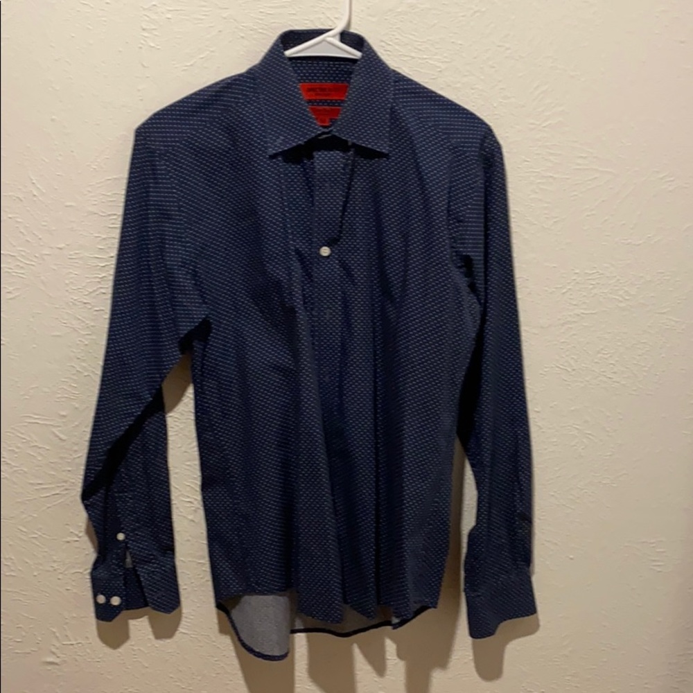 Great polka dot blue and white button up shirt.
